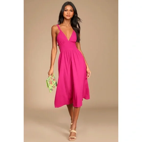 Lulus | Dresses | Nwt Lulus Bold New Look Magenta Tieback Midi Dress With  Pockets Small | Poshmark